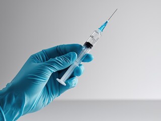 Hands in Blue Medical Gloves Holding a Syringe Filled with Liquid, Pointing Upwards (Medicine, Vaccination, Safety)