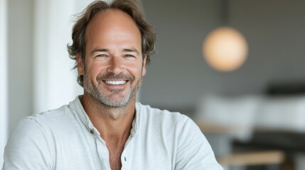 Obraz premium A man with thinning hair smiling confidently after applying a nourishing scalp treatment. Featuring rejuvenation and self-care