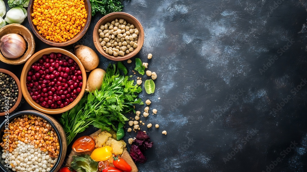 Leinwandbilder vibrant array of fresh organic vegetables and pulses on dark background : generative ai