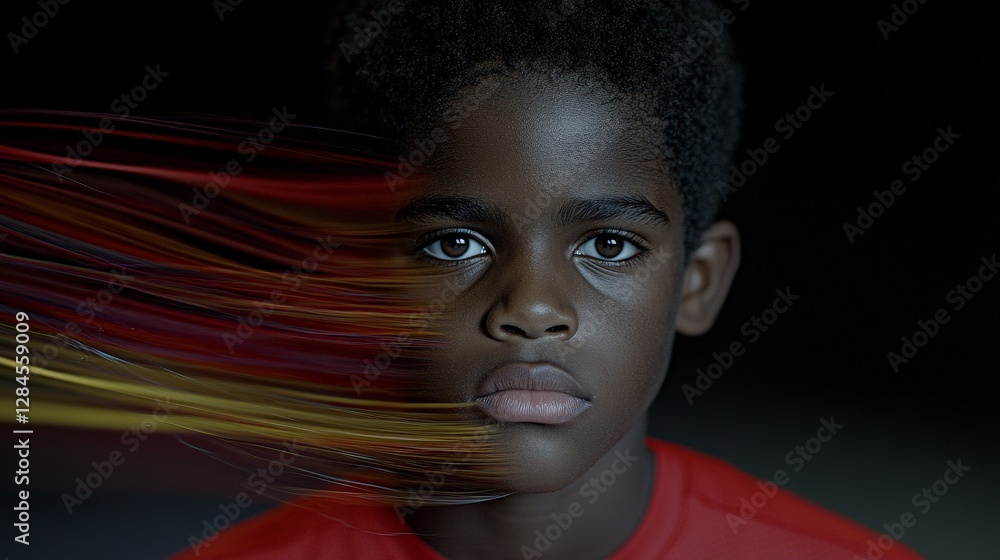 Poster portrait of a boy with abstract flow of colors behind him