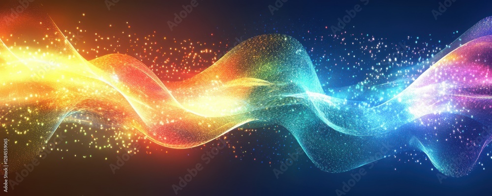 Poster colorful wave of light and particles on dark background with sparkling effects