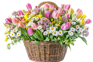 Colorful spring flower arrangement in a woven basket ready for seasonal decor isolated on transparent background 
