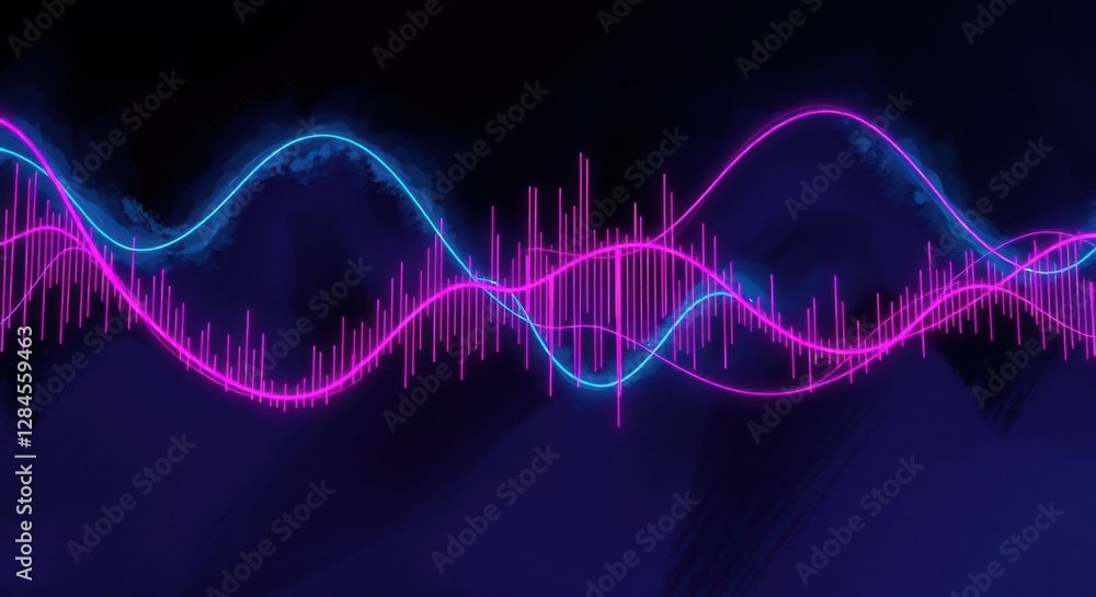 Poster vibrant audio visualization with neon waveforms and pulsating bars against a dark, textured backgrou