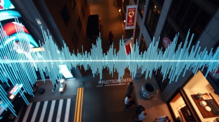 City sounds visualized: A vibrant audio waveform overlayed on a bustling urban street scene at twilight.