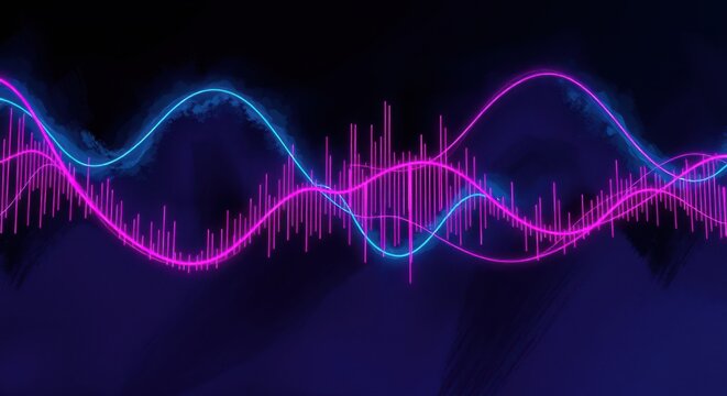 Vibrant audio visualization with neon waveforms and pulsating bars against a dark, textured background.