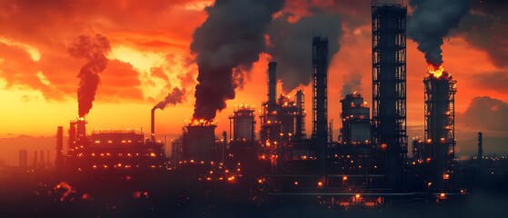 Fototapeta premium A breathtaking industrial skyline at sunset, showcasing smokestacks and vibrant colors, emphasizing the blend of nature and industry.