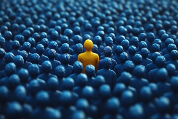 A single yellow figure stands out in a crowd of blues.