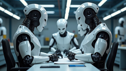 Fototapeta premium Robots collaborate with humans in a shared workspace.