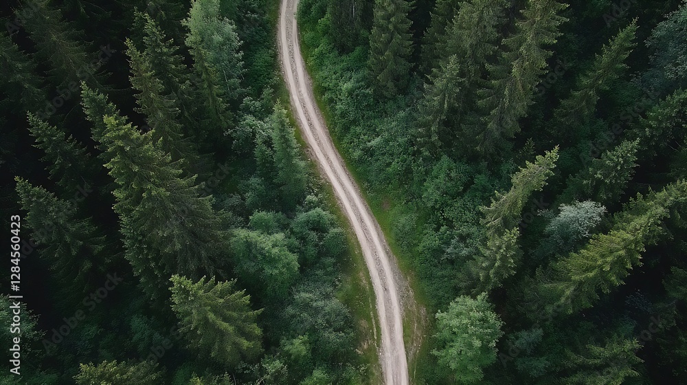 Poster aerial view of a winding path through lush green pine trees in a dense forest : generative ai