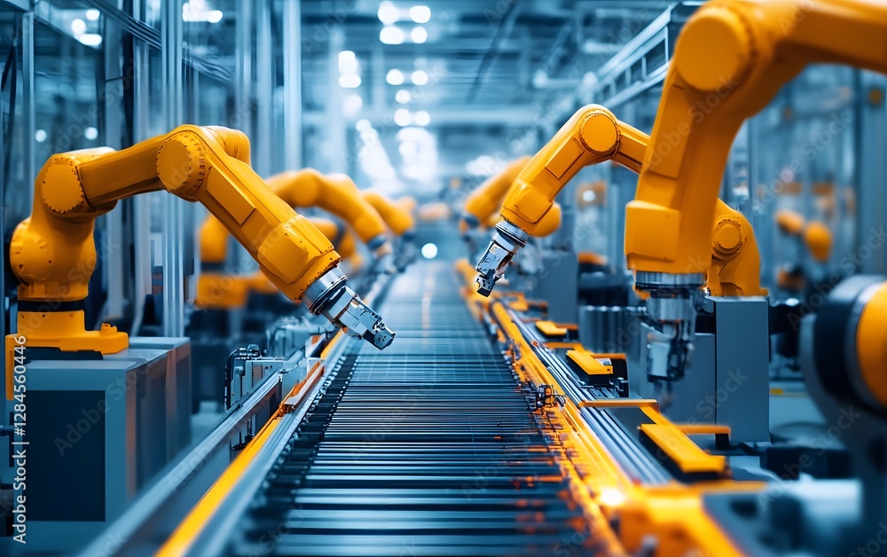Poster a close-up view of a modern automated manufacturing line with robotic arms working efficiently on a 