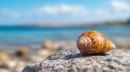 Closeup of a Beautiful Spiral Shell Relaxing on the Seashore : Generative AI