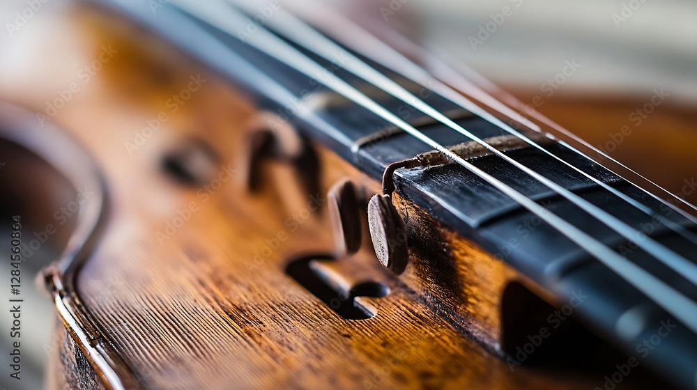 Poster close up view of a beautiful vintage violin showcasing its intricate craftsmanship and rich wood tex