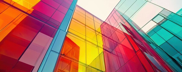 Fototapeta premium Colorful glass building facade with vibrant geometric patterns and modern architectural design