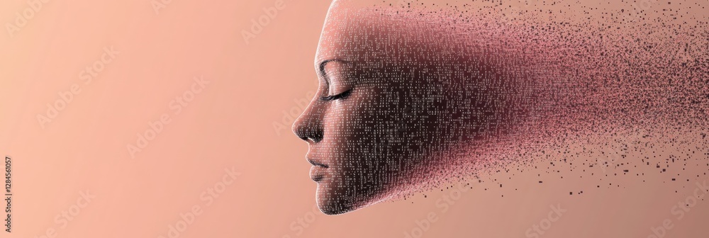 Poster Human face dissolving into binary code illustrating futuristic AI and data flow concepts. Generative AI