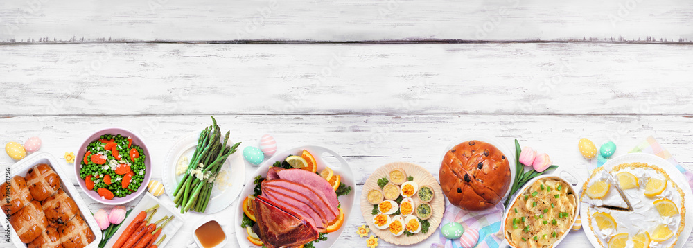 Poster classic easter ham dinner. top view bottom border on a white wood banner background with copy space.