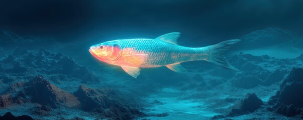 Naklejka premium Glowing fish in mysterious ocean depths with iridescent scales and coral landscape