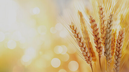 This image features a close up view of several wheat ears clustered together in a sunny background, capturing the essence of natures beauty, copy space