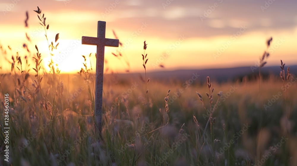 Poster cross silhouetted against a beautiful sunset backdrop in a tranquil field : generative ai