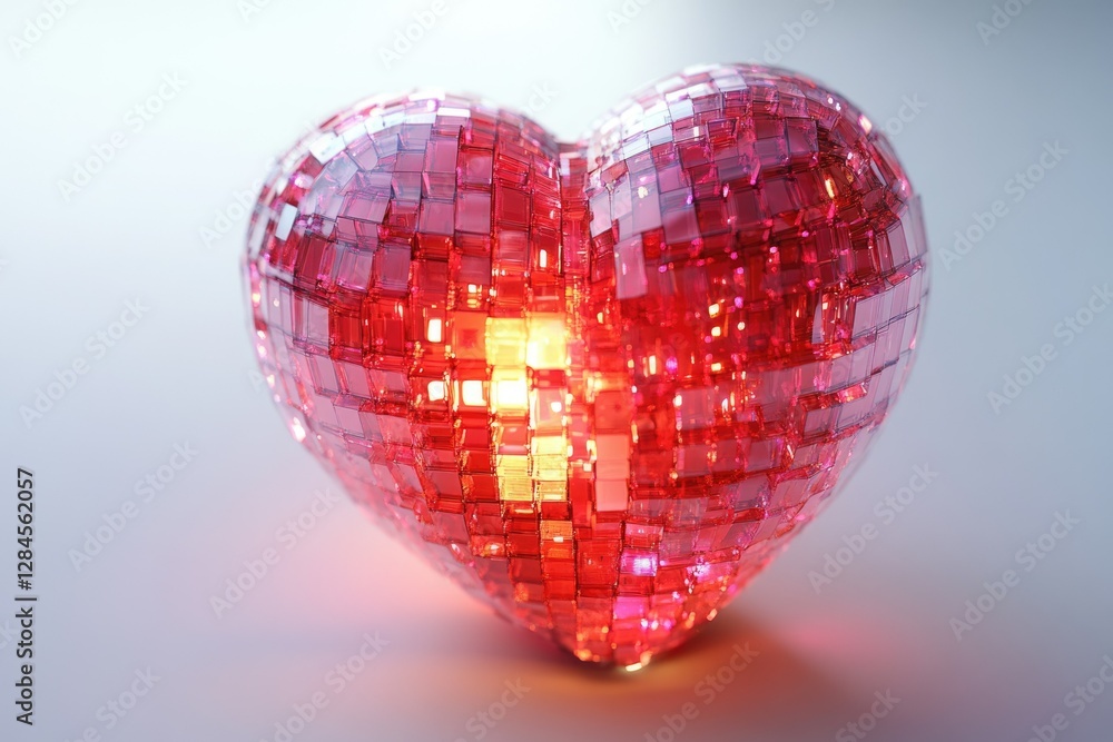 Poster a heart-shaped mosaic of translucent pink squares, illuminated from within, creating a warm glow.