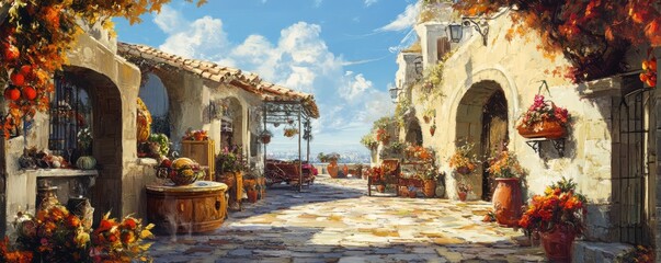 Fototapeta premium Mediterranean courtyard with flowers and fruits on a bright sunny day