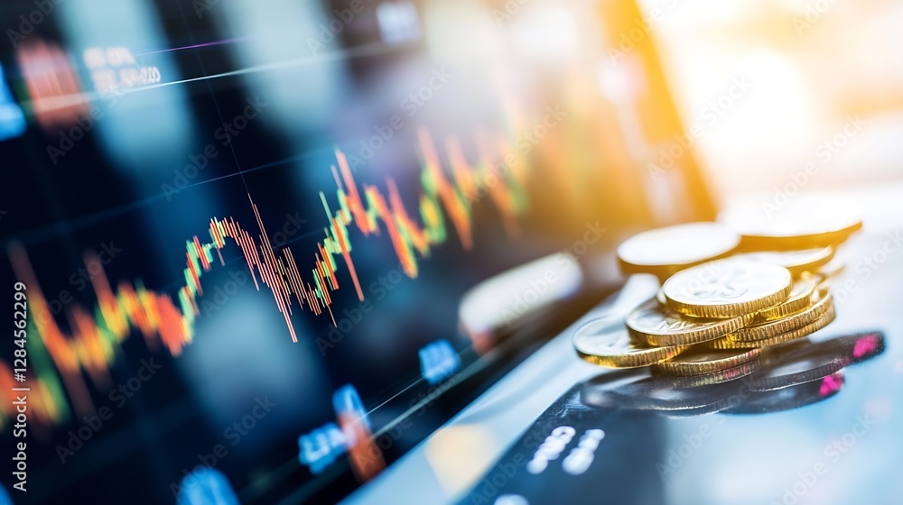 Poster closeup view of financial trading screen with coins representing investment and market analysis conc