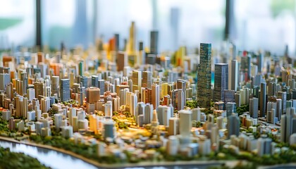 A detailed miniature city model showcasing various buildings, parks, and urban landscapes