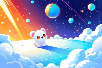 Fototapeta premium Adorable Polar Bear Cub Gazing at a Colorful Galaxy Landscape