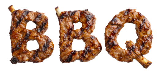Pieces of grilled meat forming bbq word on a transparent background