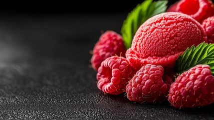 Vibrant raspberry sorbet scoop with fresh raspberries