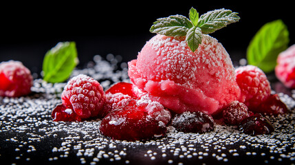 Vibrant raspberry sorbet scoop with fresh raspberries