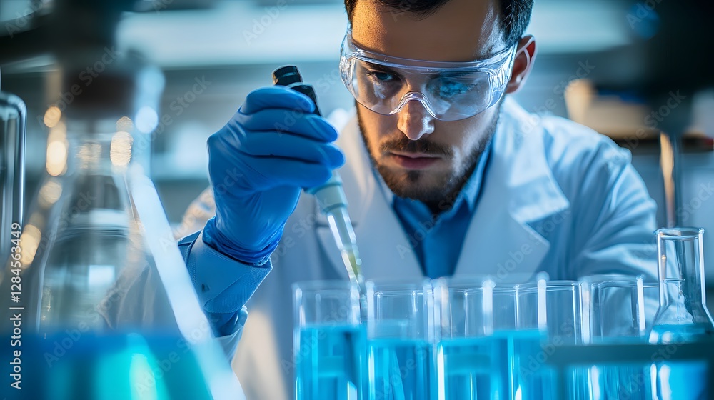 Poster a focused scientist in a lab coat conducts experiments using a pipette to analyze colorful liquids i