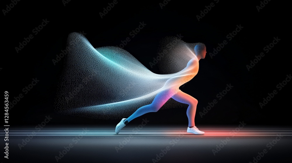Poster dynamic athlete in motion with colorful light trails effect