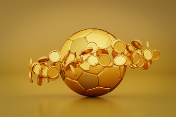 Golden Soccer ball / football orbited by a ring of golden coins on a golden seamless background....
