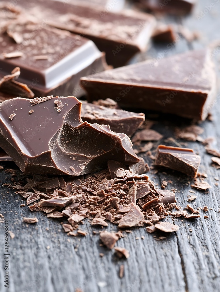 Poster chunks of rich dark chocolate broken apart on a rustic wooden table highlighting its luscious textur