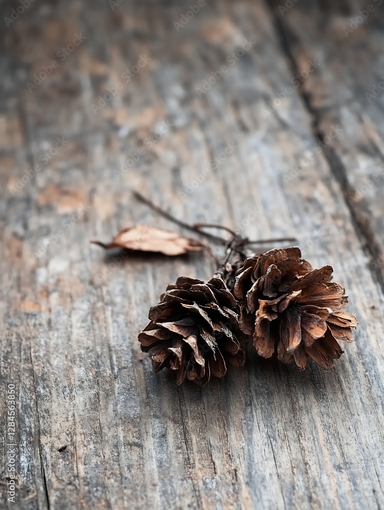 Leinwandbilder Natural pine cones resting on rustic weathered wooden background adding texture and warmth : Generative AI