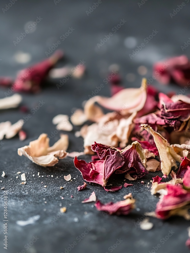 Poster dried rose petals scattered on a dark textured background creating an elegant natural composition : 