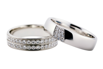 Pair Of Elegant Diamond Wedding Bands With White Metal Setting On Transparent Background