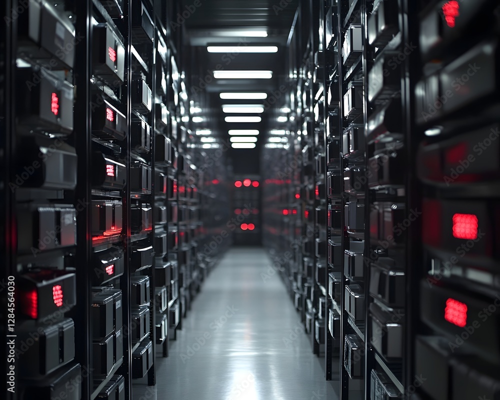 Poster a futuristic data center filled with sleek servers and red lights, symbolizing advanced technology a