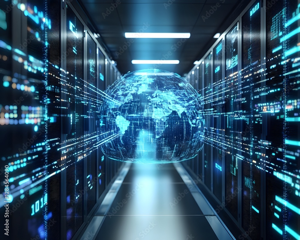 Poster a futuristic data center showcasing global connectivity with glowing servers and a digital globe, sy