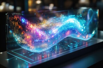 A vibrant, dynamic visualization of data flowing and transforming on a futuristic digital interface.