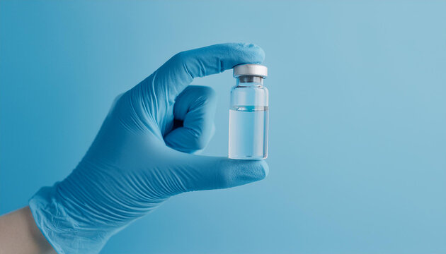 Hand in medical glove holding glass vial with liquid. Health and medicine treatment. Drug, vaccine