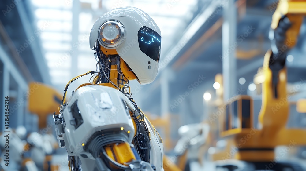 Poster a futuristic robot stands in a high-tech industrial setting, showcasing advanced engineering and aut