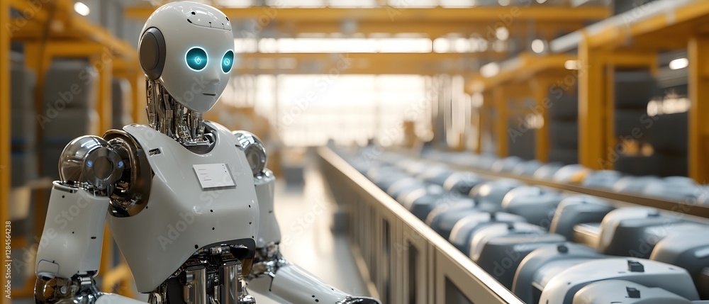 Poster a futuristic robot stands in a state-of-the-art warehouse, surrounded by advanced machinery. the sce