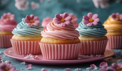 Pastel Cupcakes with Swirled Frosting and Floral Decorations on a Pink Plate