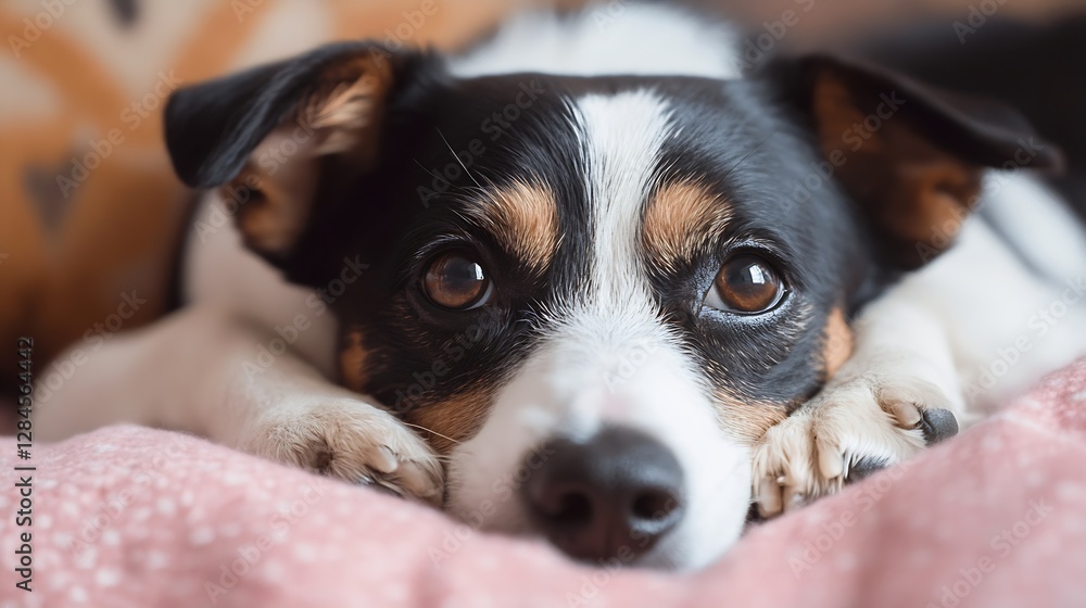 Poster adorable dog resting comfortably on soft bed with expressive eyes and gentle look : generative ai