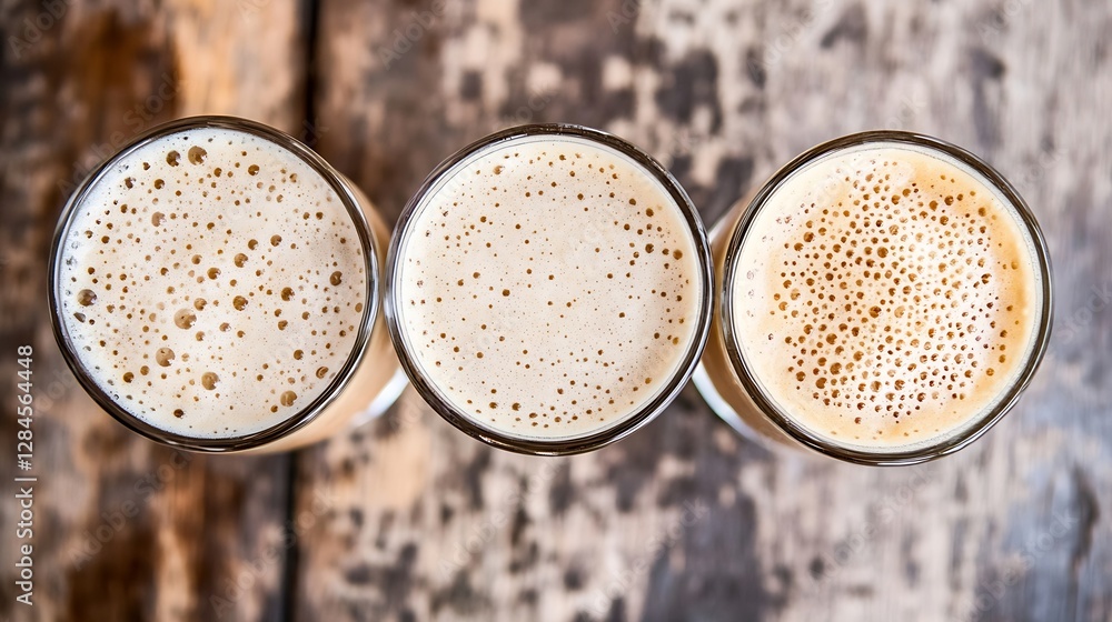 Poster three frothy glasses of beer arranged beautifully on a rustic wooden table showcasing different colo