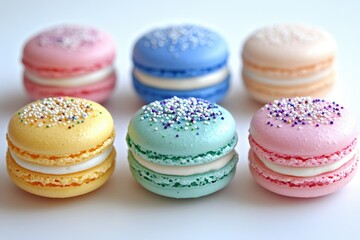 Obraz premium Six pastel-colored macarons, topped with sprinkles, arranged on a white surface.
