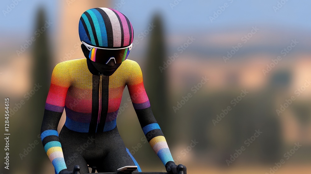Poster colorful cyclist on bicycle with abstract patterns in nature background