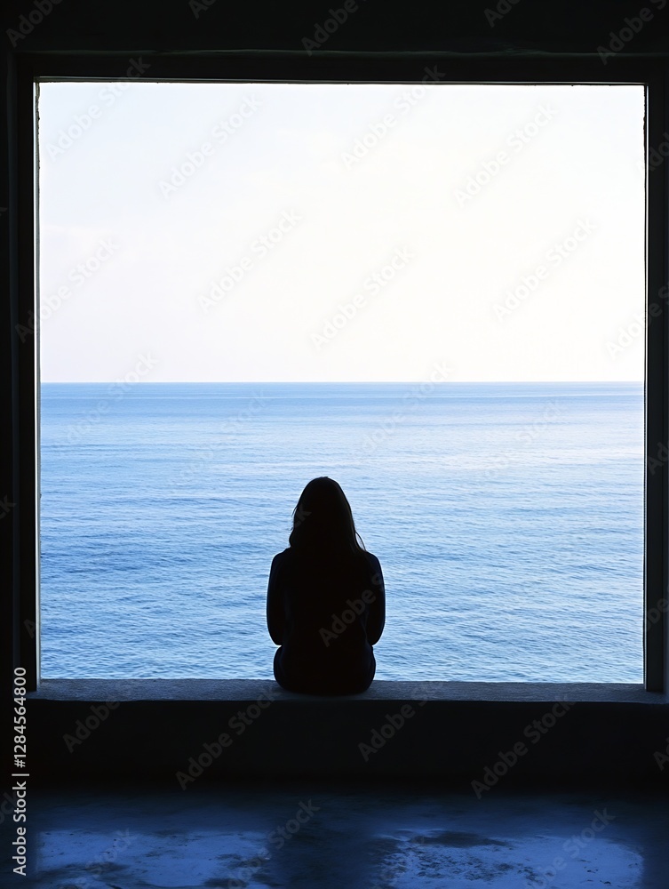 Poster a silhouette of a woman gazing thoughtfully at the tranquil ocean view framed by a large window : ge