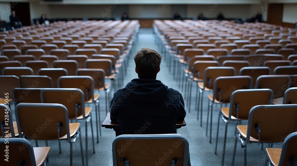 Aufkleber individual sitting alone in a large exam hall surrounded by empty chairs : generative ai